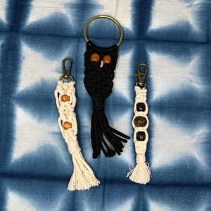 Handmade Macrame Keychain Accessories Owl Ornament Bundle 70s Retro